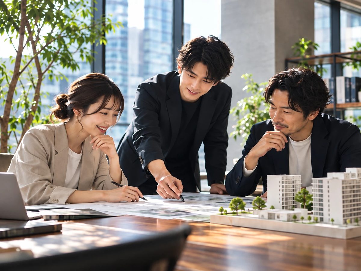建物の模型と図面を囲んで話し合う、笑顔の社員3人